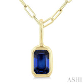 6x4 MM Bezel Set Emerald Cut Sapphire Precious Fashion Pendant With Paperclip Chain in 10K Yellow Gold